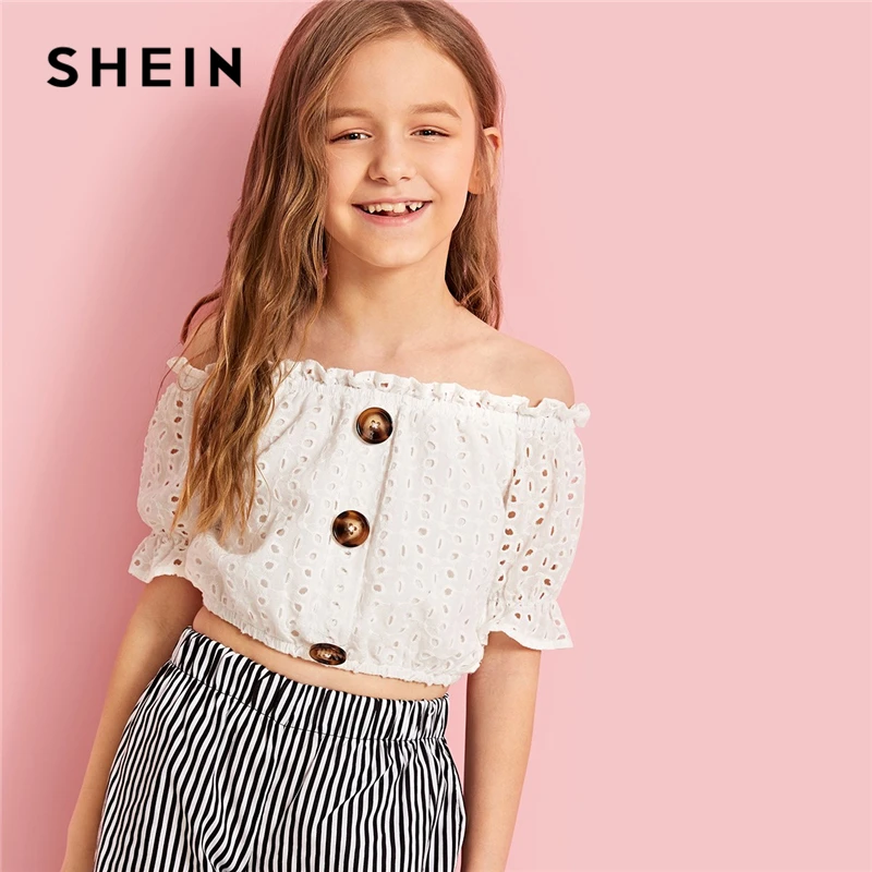 SHEIN Kiddie White Button Detail Embroidered Eyelet Bardot Korean Tops For Girls 2019 Summer Short Sleeve Schiffy Girls Blouses SHEIN Kiddie White Button Detail Embroidered Eyelet Bardot Korean Tops For Girls 2019 Summer Short Sleeve Schiffy Girls Blouses
