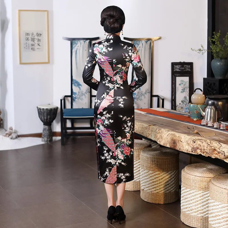 Sexy Purple Women Satin Daily Casual Dress Summer New Long Qipao Print Flower Chinese Cheongsam Size S M L XL XXL 3XL 0162