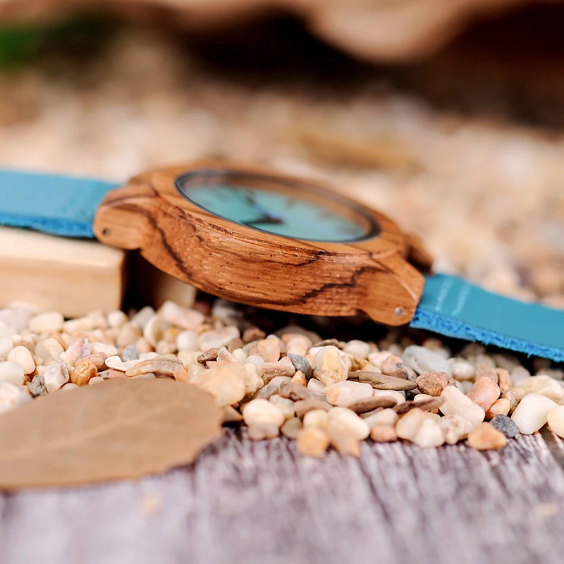 BOBO BIRD Watch Men Relogio Masculino Turquoise Blue Leather Quartz Watches Women in Gift Box relogio feminino DROP SHIPPING
