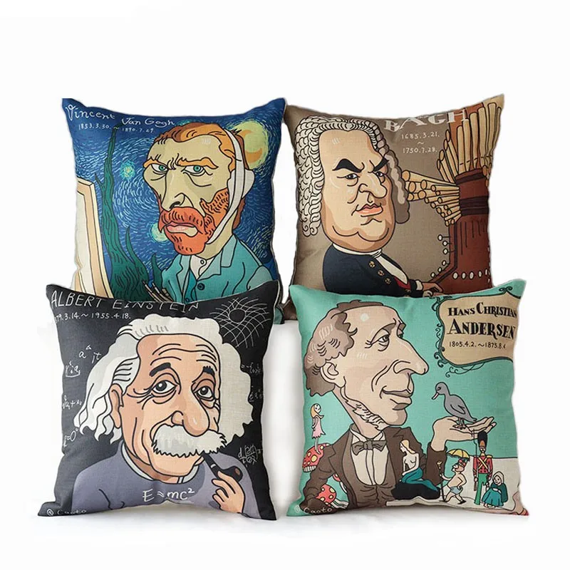 

Fashion Famous Scientist Home Decor Throw Pillow Case Van Gogh/Einstein/J.S.Bach/Andersen Printed Cushion Cover Almofada Cojines