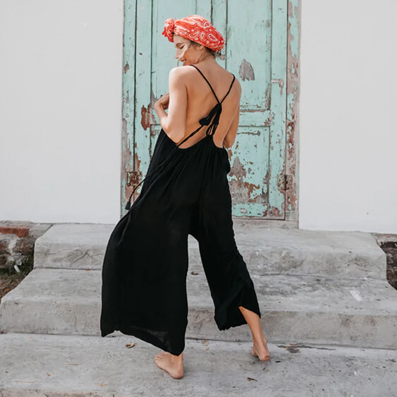 

Beach Dress Summer Clothes Bikini Cover Plus Size Up Tunics Spot New Long Sleeveless Strap Pure Color Jumpsuits Loose Backless