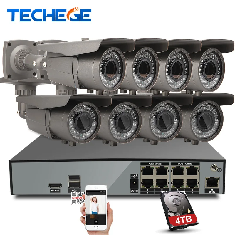 Techege H.265 Security Surveillance Kits 8CH 4K 48V PoE NVR 4MP 2.8-12mm zoom lens IP Camera POE System P2P Cloud cctv system