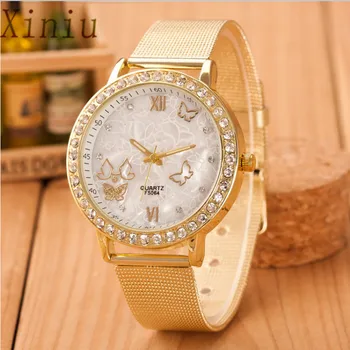 

Women Watches Crystal Butterfly Gold Stainless Steel Mesh Wrist Ladies Watch Diamond Wristwatch Clock Relogio Feminino