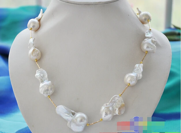 

p3261 Huge 20" 40mm white baroque KESHI REBORN PEARL GOLDEN NECKLACE ^^^@^Noble style Natural Fine jewe FREE SHIPPING