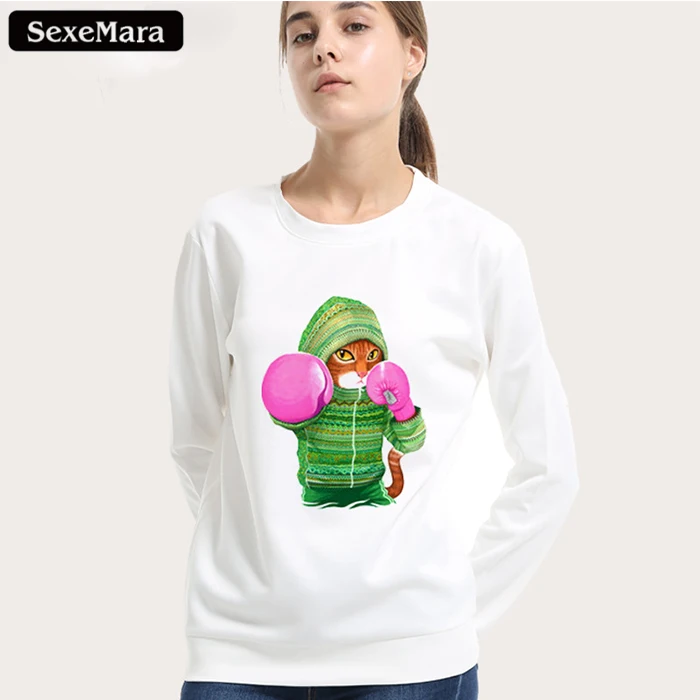 SexeMara 100% Cotton Women Winter Kawaii Tops Boxinger Cat Fashion 3D Print Hipster Swearshirt Female Shirts Plus Size WY034 Hoodies