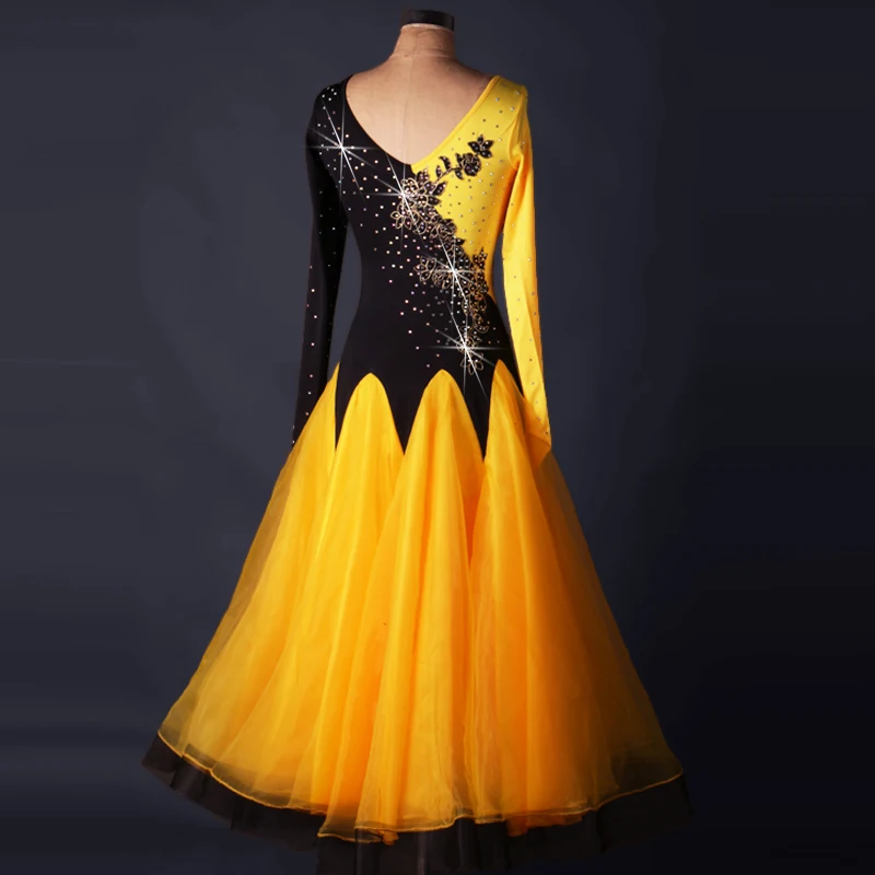 Вальс Танго стандарт фламенко женские бальные танцевальные платья с длинным рукавом для Бальных соревнований индивидуальные юбки желтый черный
