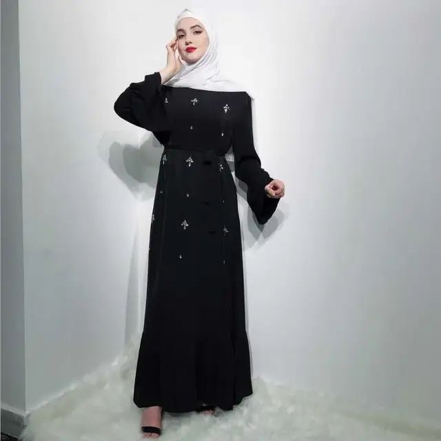 Abaya Robes musulmanes en perles de diamant faites à la main avec ceinture, peignoir, volants pleine longueur – Image 3
