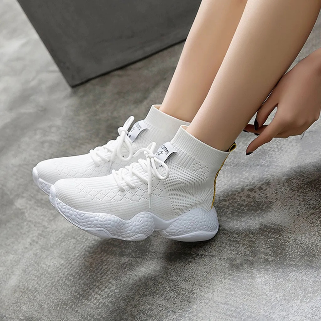 

Women Stretch Fly Woven Breathable Sports Shoes Thick Bottom Lace Socks Shoes White shoes sneakers women running shoes