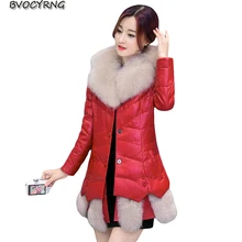 Зимнее пальто Для женщин модные женские туфли для повседневной носки из искусственной куртка воротник из искусственного меха кожаные пальто больших Размеры длинные Для женщин Кожаные куртки Q995