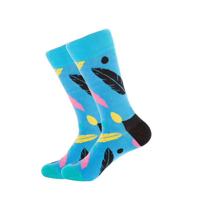 Брендовые мужские носки высокого качества из чесаного хлопка, 27 цветов, Веселые разноцветные носки с изображением фламинго, авокадо, носки с фруктами, дизайнерские носки «сделай сам» Носки - Цвет: Blue leaves