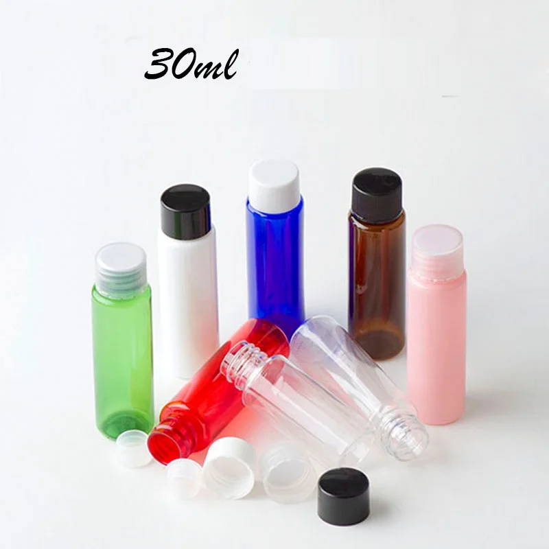 30ml pretty colors PET mini/samples bottle with plastic lid + reducer