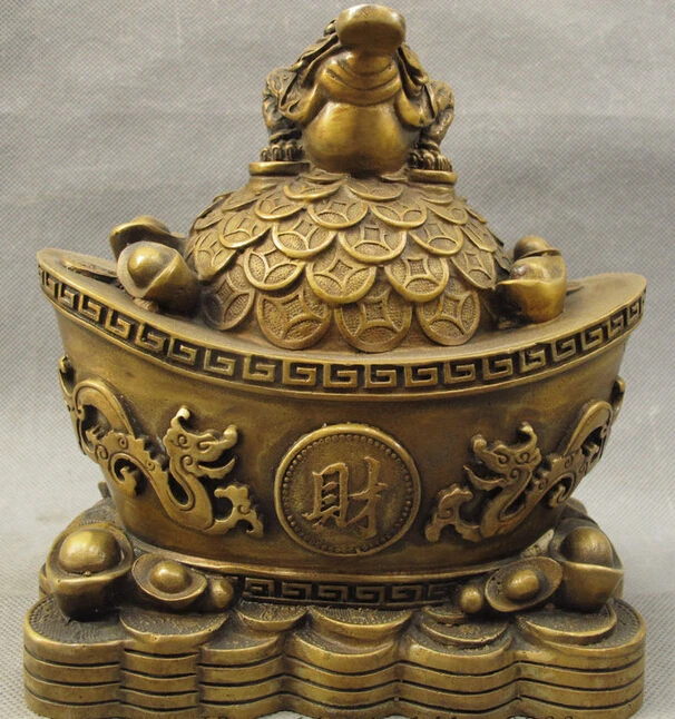 JP S0114 Folk Chinese Bronze Wealth Hoptoad Toad On Dragon Unicorn Money YuanBao Statuestatues
