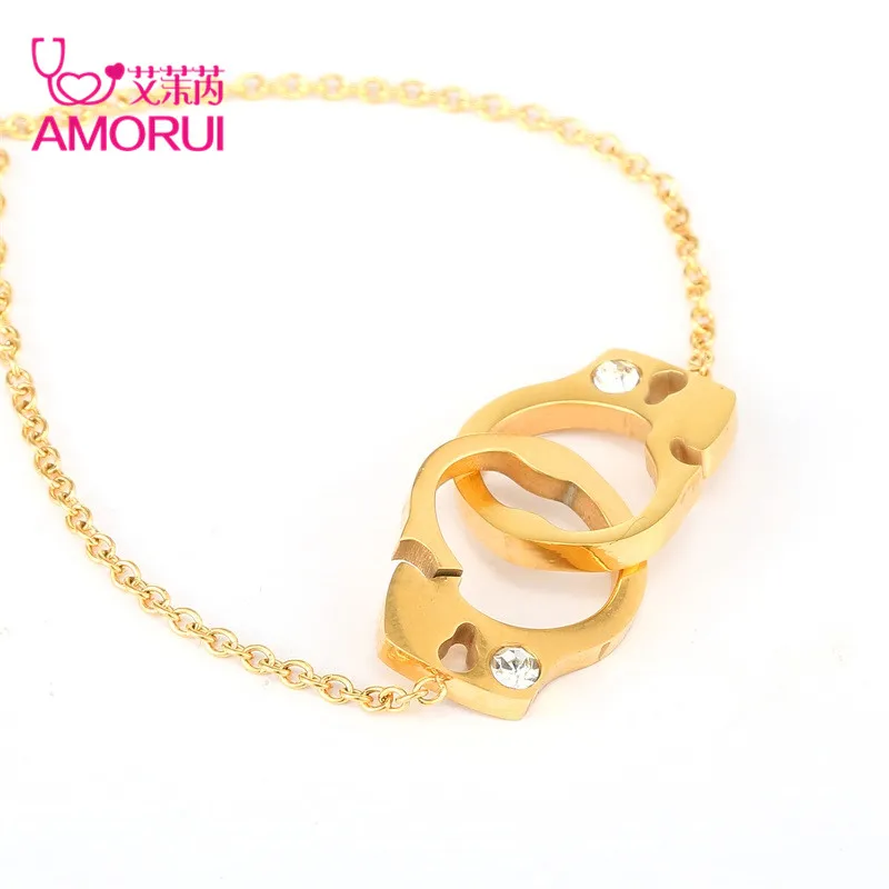 AMORUI Trendy Crystal Handcuff Round Women Rose Gold Silver Pendant Chain Necklace Stainless Steel Statement Women Choker