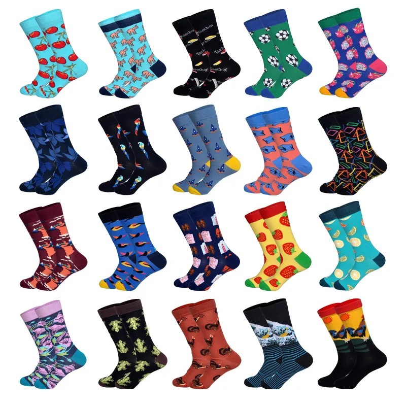 

LIONZONE 2019 Newly Novelty Men Happy Socks Tie Football Parrot Rocket Finger Pattern Design Cotton Socks