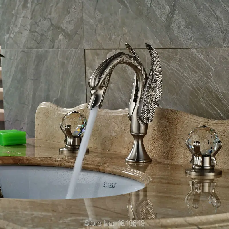 

Uythner Newly Nickel Brushed Basin Faucet Swan Crystal Bath Sink Mixer Tap Dual Handles Cold&Hot Water Tap