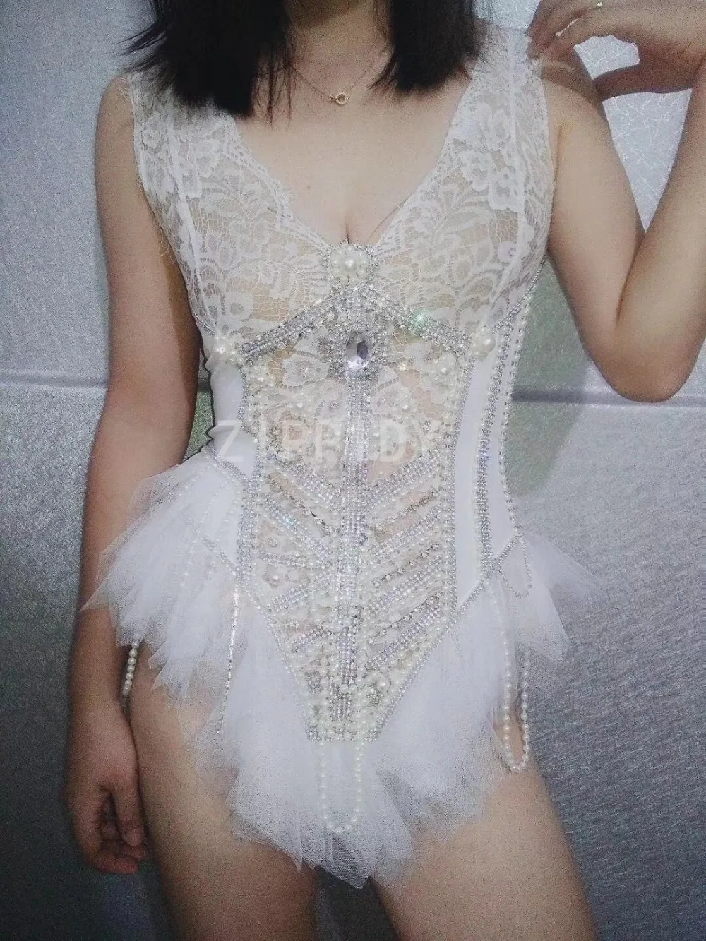 Fashion Silver Rhinestones Pearls Beading White  Women Singer Show Leotard Nightclub Prom Birthday Clothes Performance Bodysuit long sleeve bodysuit