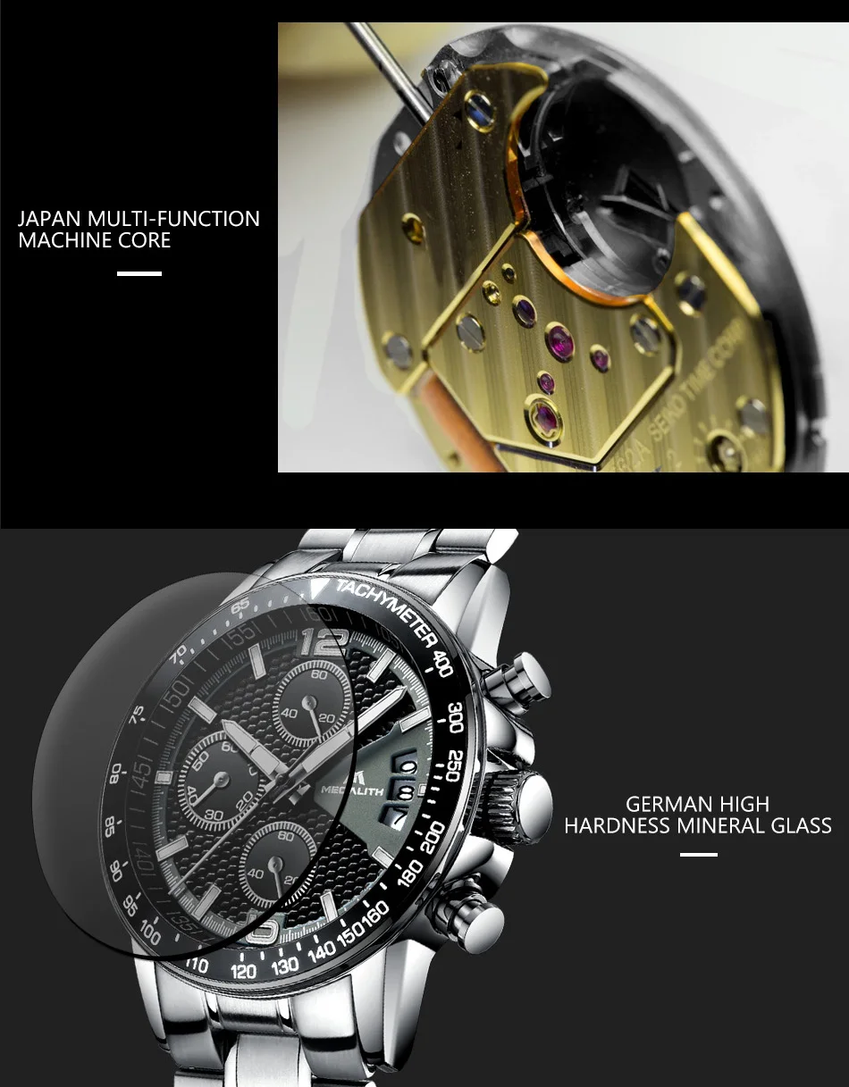 MEGALITH мужские роскошные часы хронограф из нержавеющей стали спортивные наручные часы для мужчин водонепроницаемые кварцевые наручные часы