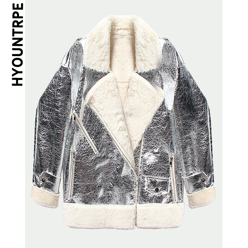 Goede Metalen Zilveren Heldere Jacket Jassen Vrouwen Nieuwe Winter Warm Fleece Rits Bomber Turn Down Kraag Bovenkleding Mode Streetwear Parka