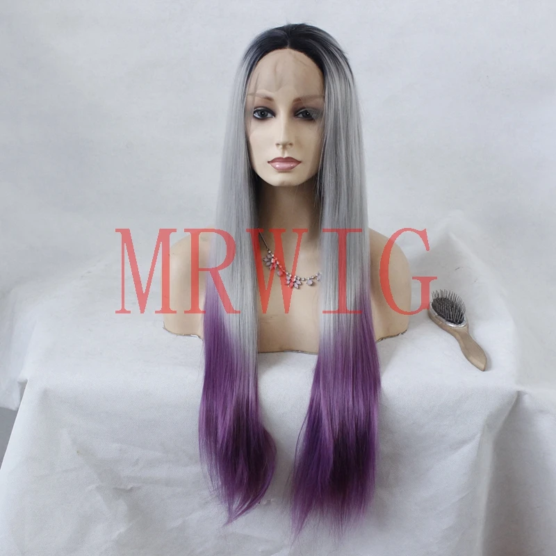 MRWIG длинные прямые серый ombre парик glueless серый/темно-фиолетовый средняя часть