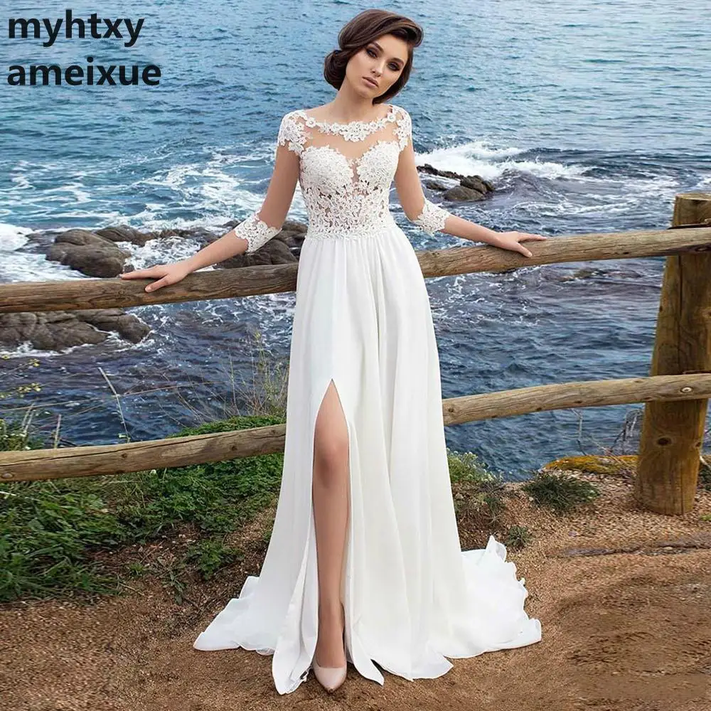 

Cheap Wedding Dress 2018 Beach Chiffon Lace Appliques Simple A-line Slit Side Vestido De Novia Playa Bridal Gown Unique Boho