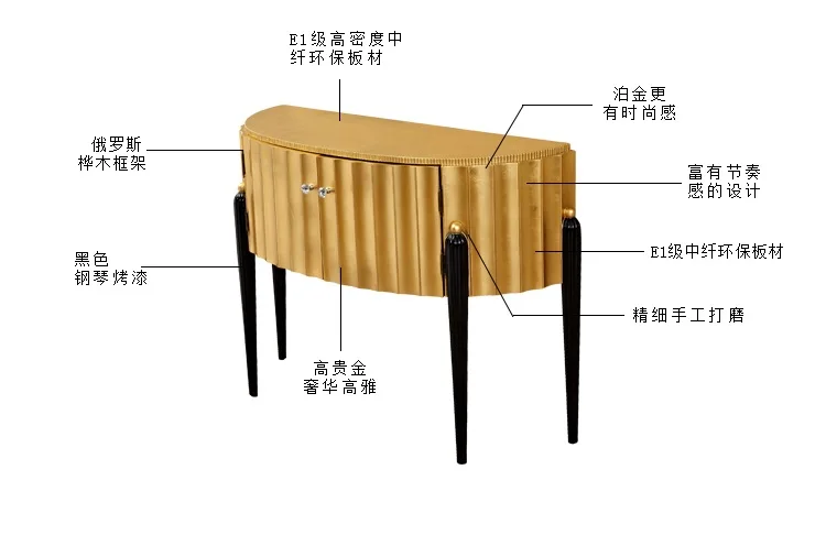 120 см позолоченный консольный стол/боковой шкаф с дверями и верхом из золотой фольги/ножки из твердой древесины