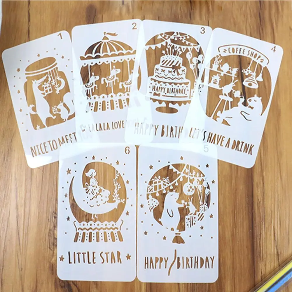 

6pcs/set Birthday Theme Series Painting Template Graffiti Decoration DIY Scrapbook Invitation Card Album Seal Cake Spray Stencil