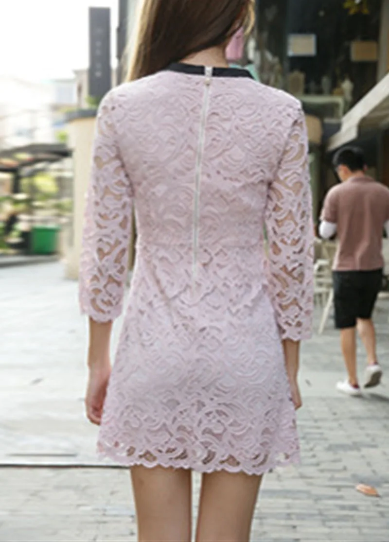 2017 весной новые женщины dress семь рукава большой размер кружева sweet платье способа
