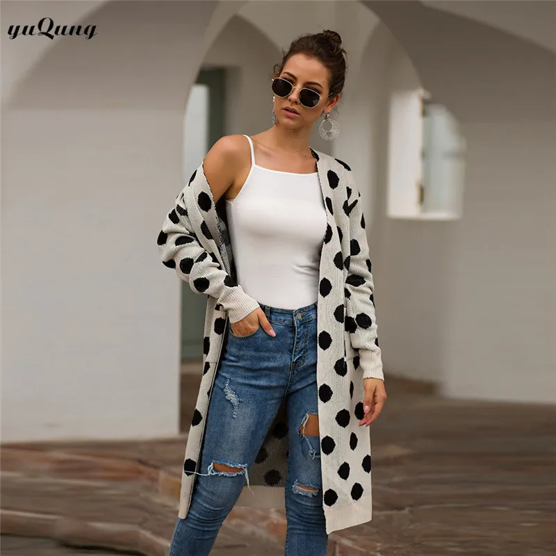 

YuQung Women's Autumn long Cardigan Sweaters Vintage polka dot long sleeve Knitted outerwear Sweater Sweters roupas feminina