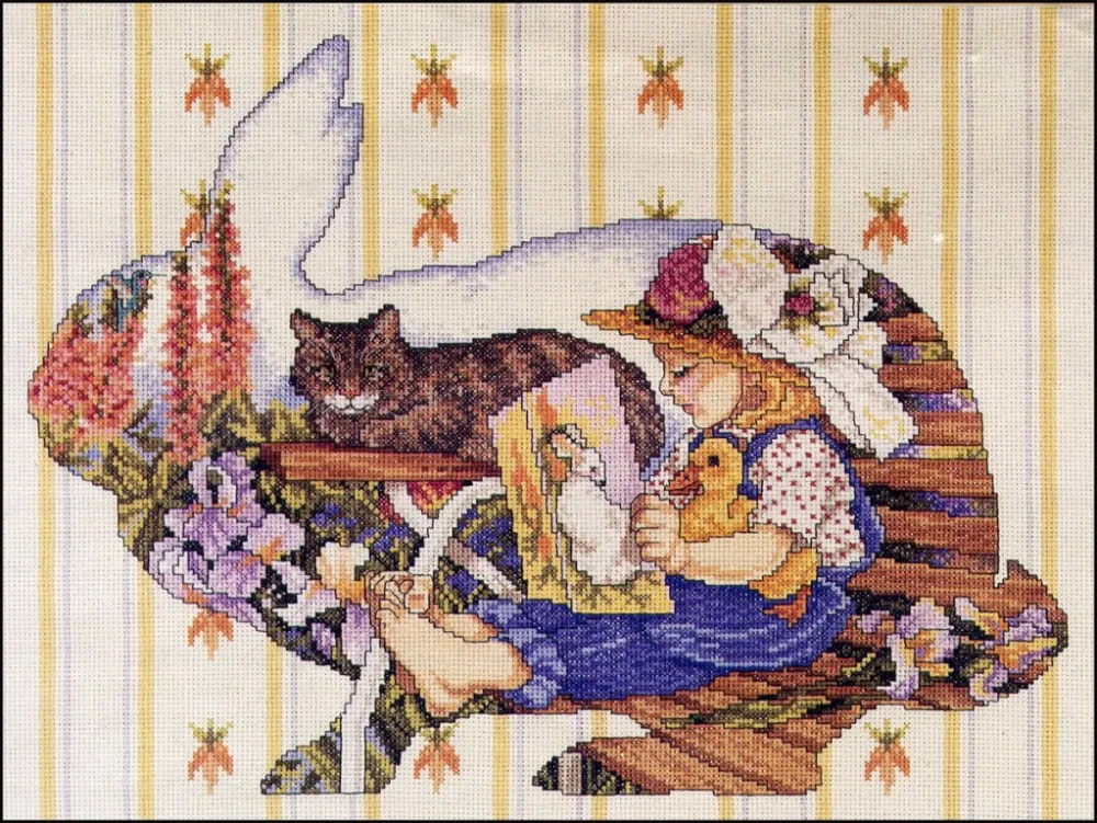 

Gold Collection Lovely Counted Cross Stitch Kit The Bunny Book Hare Rabbit Little Girl Cat Duck Reading Kitty Kitten