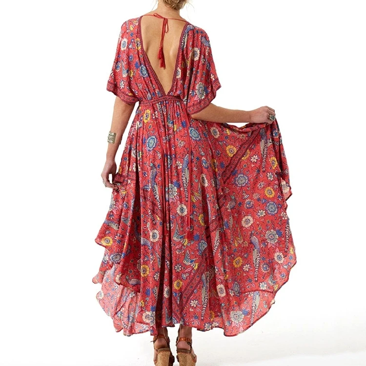  Vestido Long Flower Dress Retro Bohemian Maxi Dress Sexy Ethnic Deep V-neck Floral Print Beach Dresses Boho Hippie Robe (1)