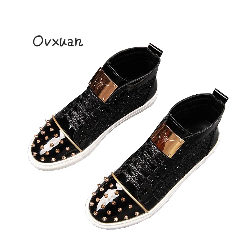 

Ovxuan Fashion Rivets Men Handmade Loafers Men Ankle Shoes with Metal Sheet & Gold Buckle Men Dress Shoes Rivets Toe Mens Flats