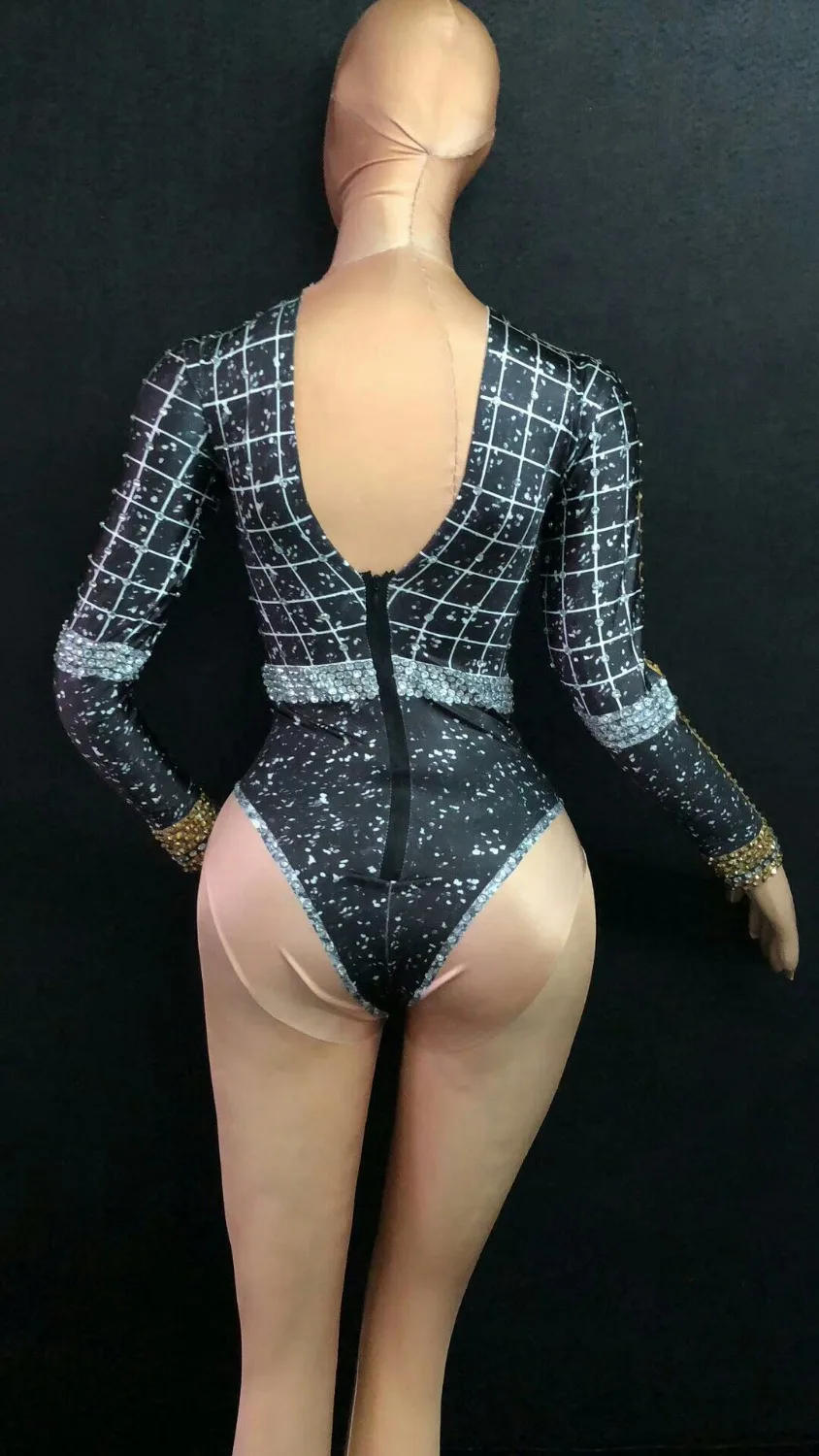 DS Black Crystals Rhinestone Jumpsuit Women Sexy Outfit Party Costumes Stage Wear BodySuit Dance Singer Rhinestone Sexy Cloak