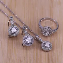 Модный Круглый Белый кубический цирконий 925 пробы серебряные Свадебные Ювелирные наборы серьги кулон ожерелье кольца Размер 6-10
