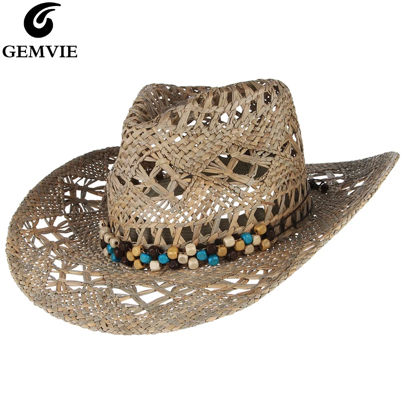 

GEMVIE New Straw Western Cowboy Hat For Women Cowgirl Summer Hats For Lady Sun Hat With Leather Beaded Belt Beach Cap Panama