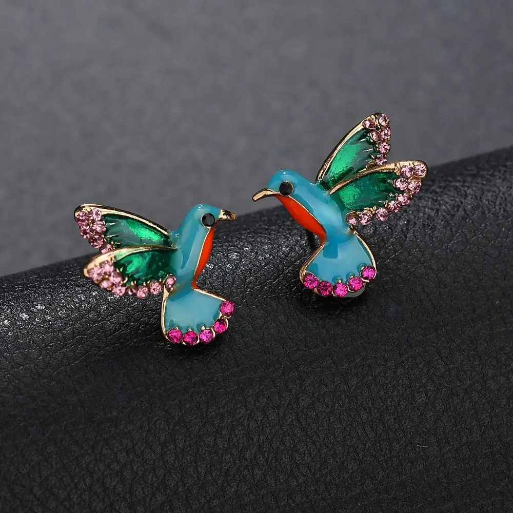 

Punk Enamel Bird Stud Earring with Pink Clear Crystal Women Animal Studs Earring Statement Anti Allergy Earring berloque