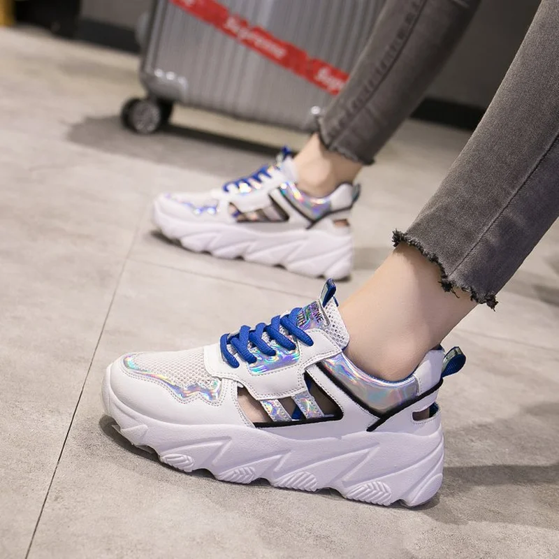 

Casual women shoes 2019 Summer new color matching thick bottom muffin wedges mesh breathable lace sports shoes