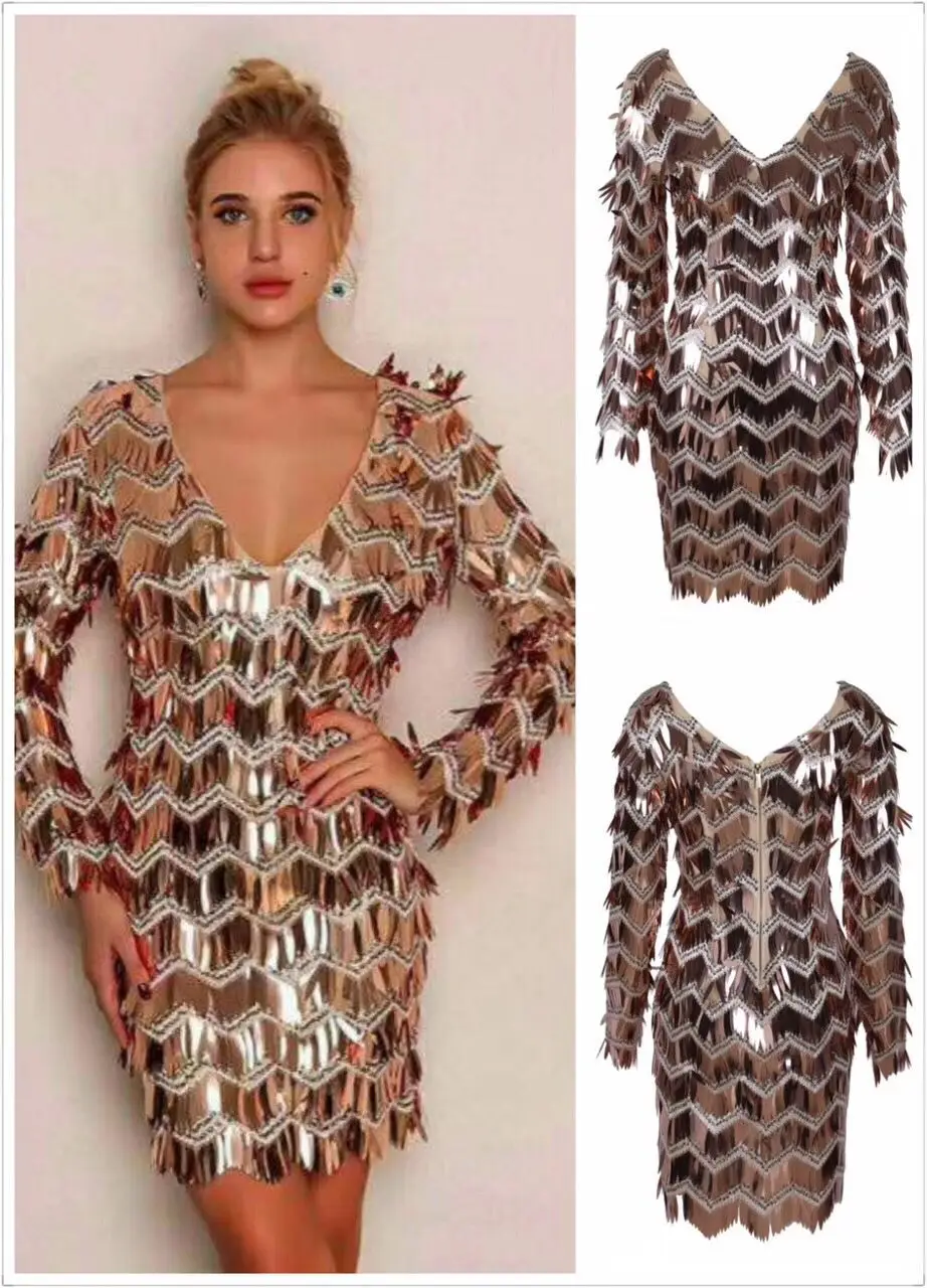 

Top Quality Gold V-neck Long Sleeve Fashion Bright Dress Club Party Bodycon Dress