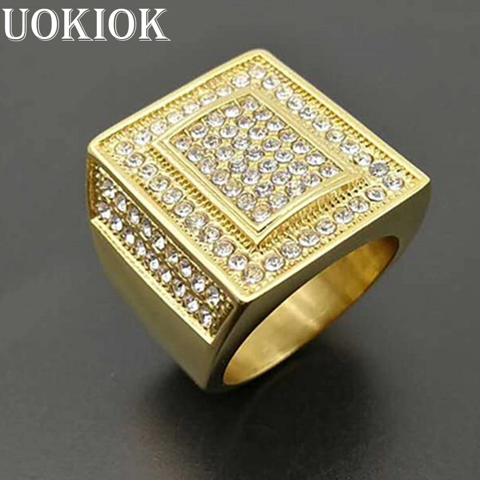 

Hip Hop Iced Out Square Rings For Men Jewelry Gold Color Stainless Steel Rhinestones Bling Wedding Ring Male Gift Dropshipping