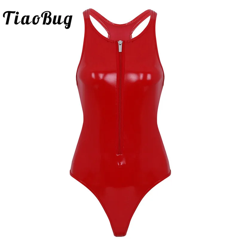 TiaoBug أزياء النساء لامعة فو جلدية أكمام الرسن انقطاع سستة الساخن مثير ارتداءها Catsuit النساء عالية قطع Clubwear تيدي