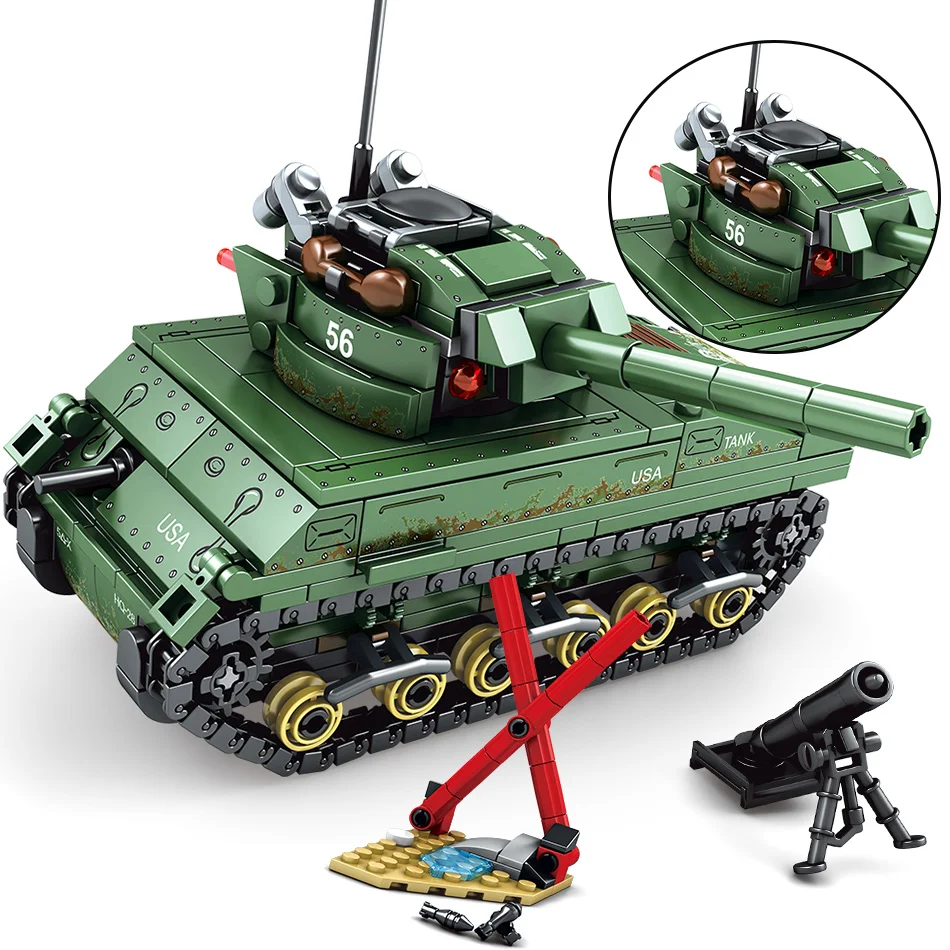 

437PCS US M4 Sherman Tank Model Military Vehicles Soldier Figures Weapons Compatible legoed Army ww2 Building Blocks Kids Toys