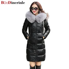 Длинный пуховик из натуральной кожи для женщин, большие размеры, женское кожаное зимнее пальто с капюшоном, Воротник из лисьего меха, Женское пальто из овчины L013