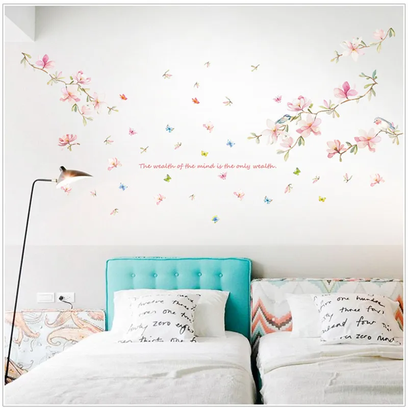 Красивые розовые магнолии, цветы, Летающие бабочки, птицы, настенные наклейки для спальни, крыльца, гостиной, видеостены, украшения для дома, наклейки