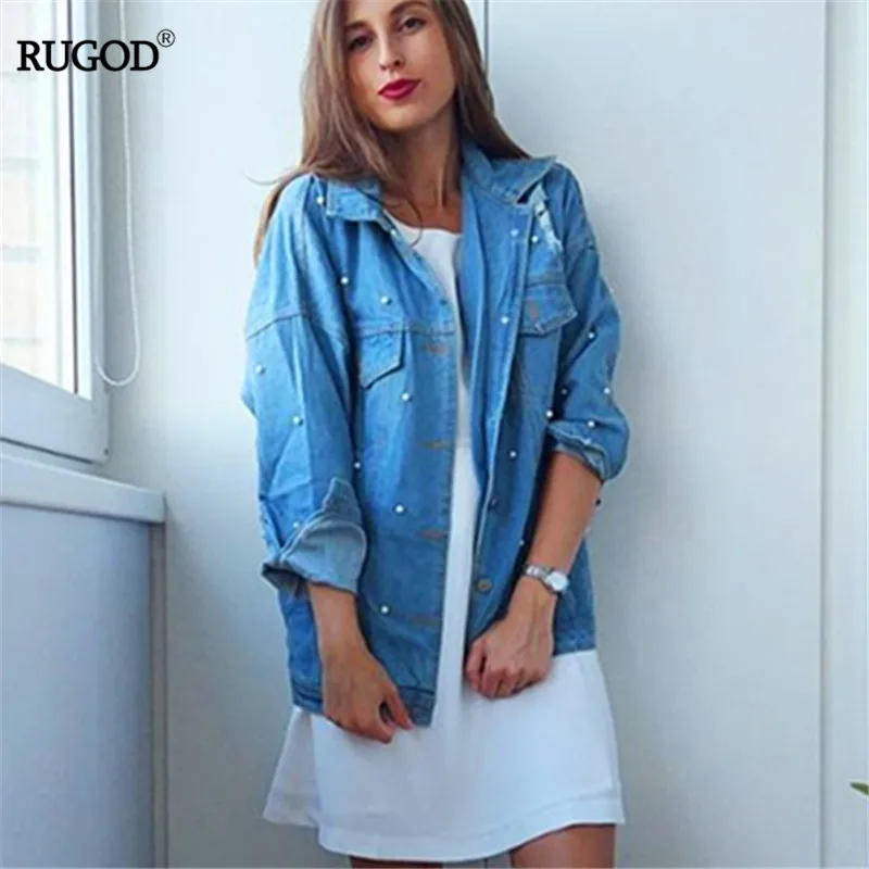 RUGOD 2018 Spring Pearls Beading Ripped Denim Jacket Women Vintage Single Breasted Long Sleeve Jean Jackets and Coats Plus Size
