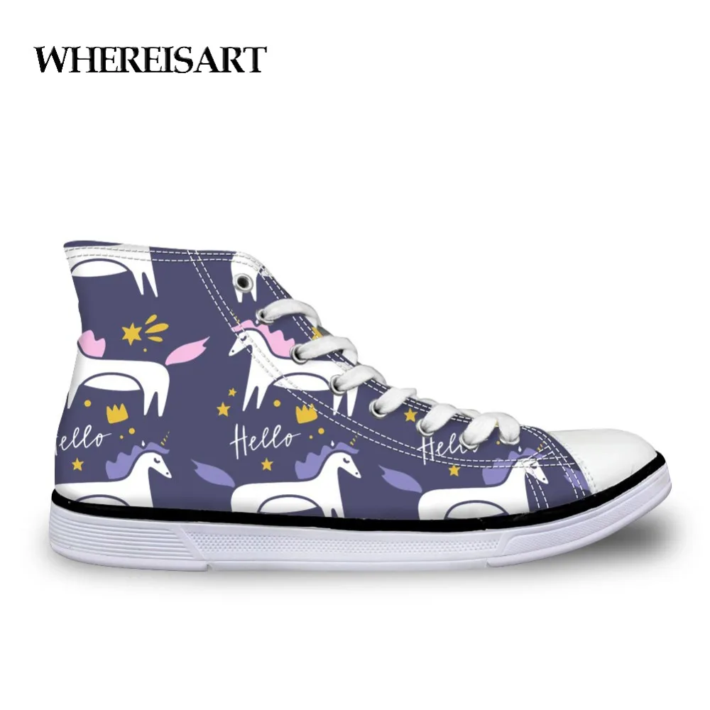 

WHEREISART New Womens High Top Sneakers Unicorn Printed Printing Vulcanize Shoes Studnets Girls Cute Animals Flats Canvas Shoes