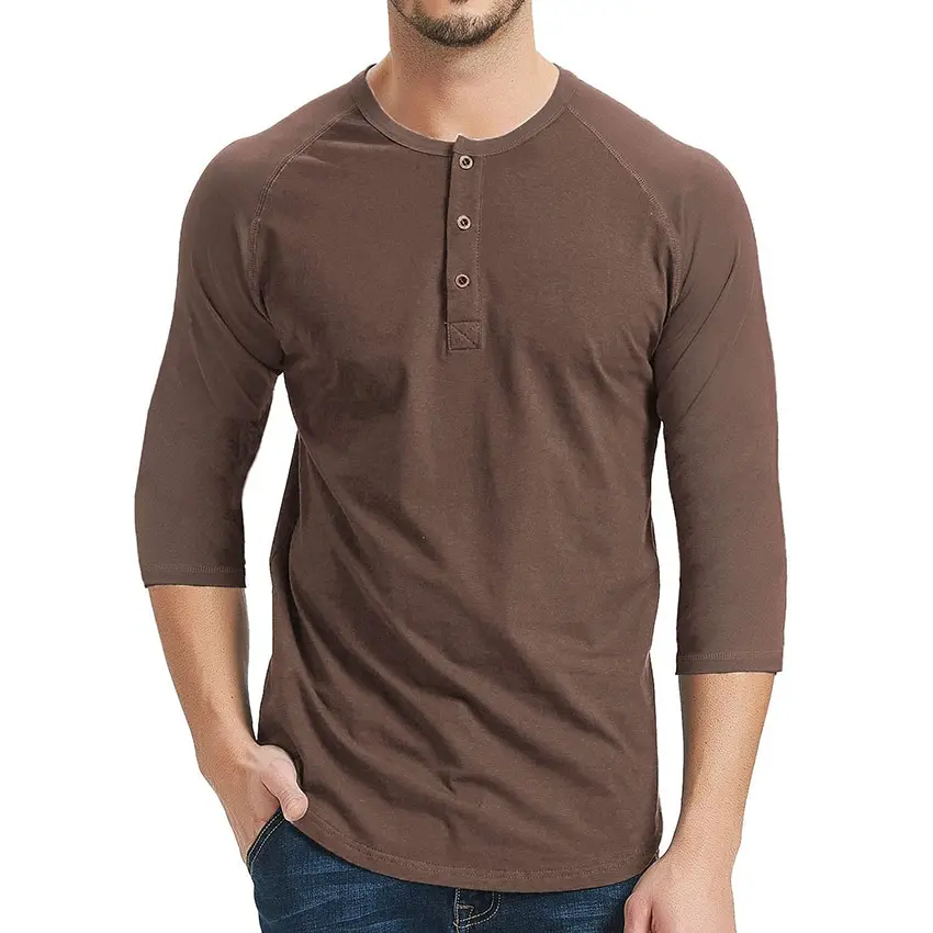 

MJARTORIA Men Three Quarter Stylish Swag Streetwear Tee Shirt Henry Collar Solid Color T Shirt Male Raglan Sleeve Tshirt