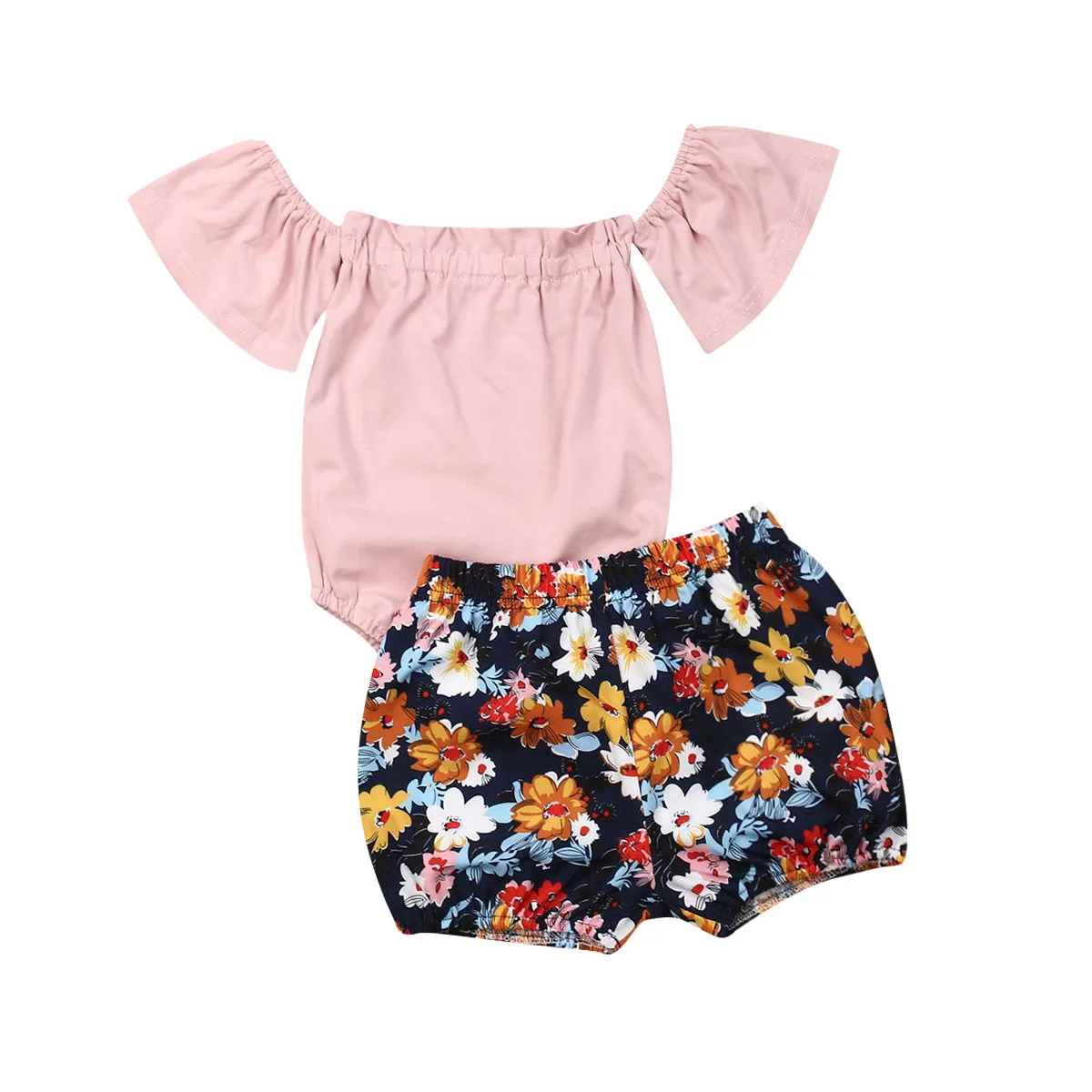 Baby Girl Clothes Newborn Infant Off Shoulder Solid Top Jumpsuit+Floral Shorts Pants Outfit |