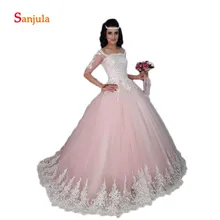 Светло-розовые платья принцессы для пышных принцесс платье с короткими рукавами для детей торжество Белые Кружевные Аппликации Длинные платья dulces 16 D853