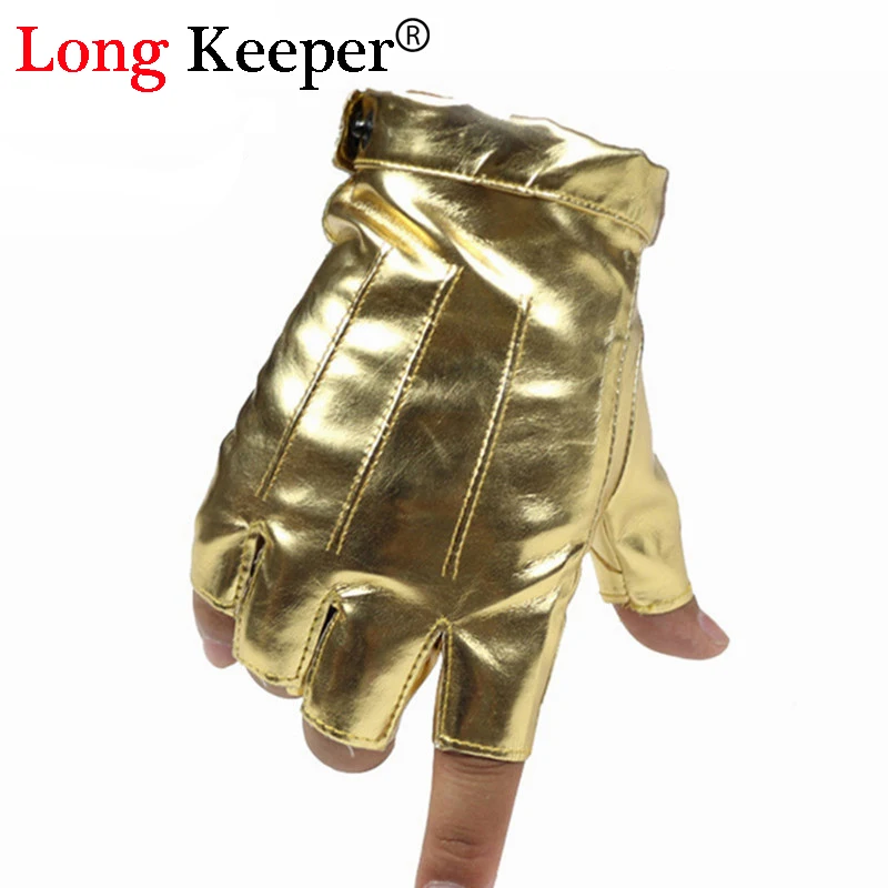 

Fashion Men's Leather Gloves Fingerless Glove for Dance Party Show Sport Fitness Luvas for Men Black Gold Silver Mittens M139