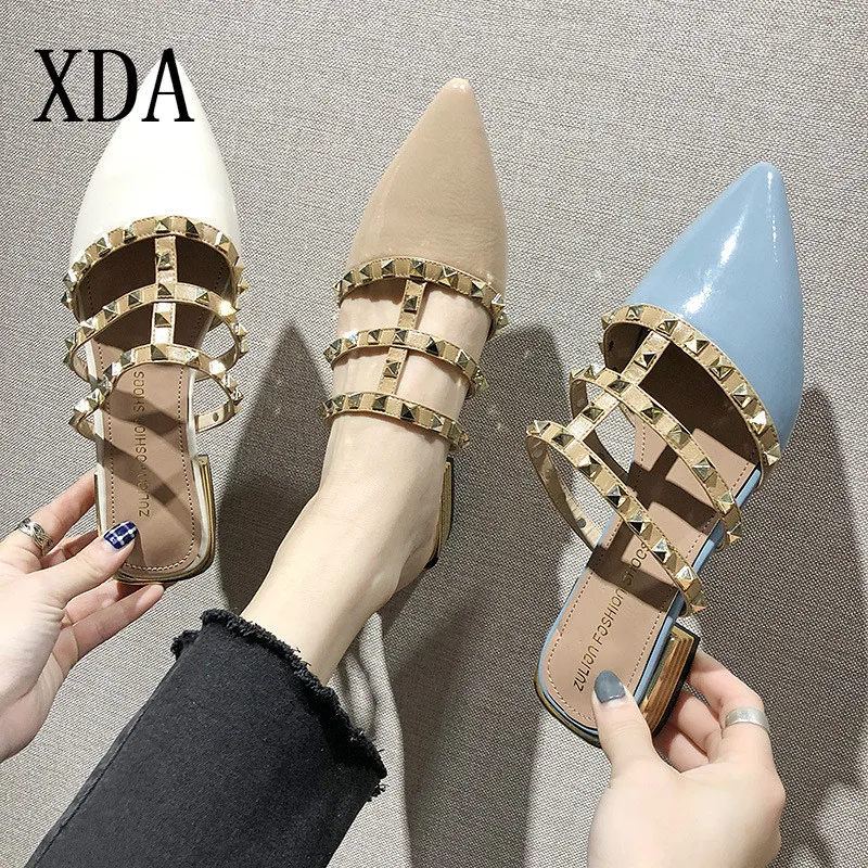 

XDA 2019 New Spring Summer slipper Women's Shoes Korean Rivets Pointed Toe Slippers Baotou Flat Heel casual beach Slippers L398