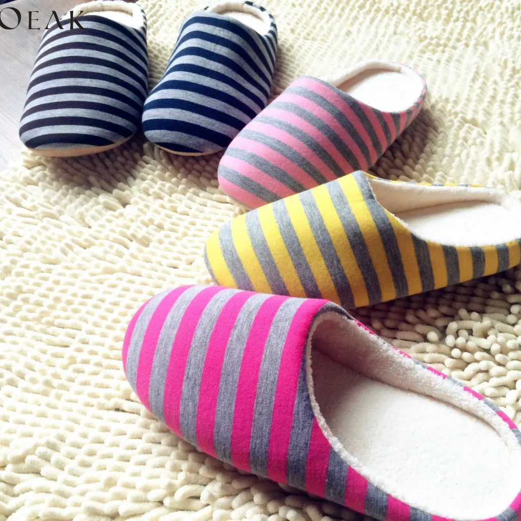 

Oeaks Winter Warm Soft indoor floor Slippers Women/Men Shoes Striped Cloth Bottom Universal Couple Lovers Plush Home